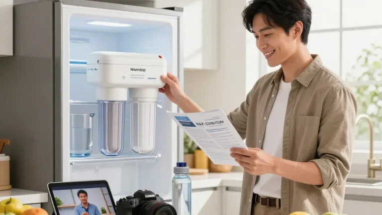 Homeowner installing Waterdrop DA29-00020B Replacement for Samsung® Water Filter HAF-CIN/EXP in a bright kitchen, symbolizing health and freshness.