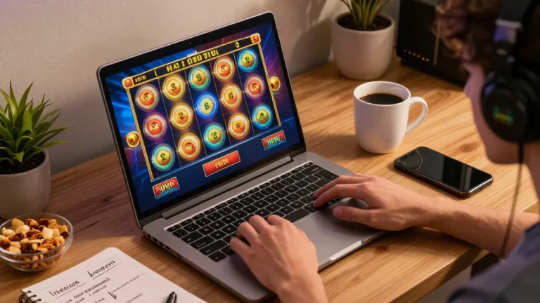 Engaged player enjoying online slot games on a laptop, showcasing vibrant casino atmosphere.