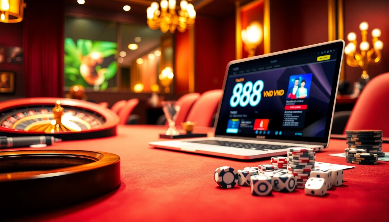 Experience the thrill of online gaming with 888VND, featuring vibrant casino elements and high-quality betting visuals.
