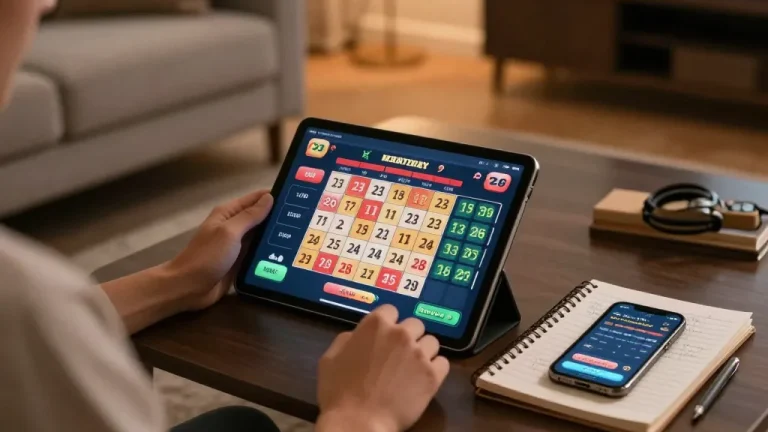 Prediksi Jitu shown on a tablet screen during online lottery gameplay at home, emphasizing strategic decision-making.
