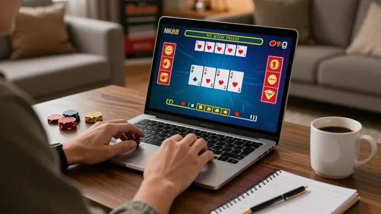 Player enjoying NK88 online casino blackjack game at home with laptop and strategy notes.