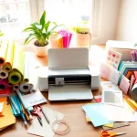 Cricut for beginners workspace showing colorful materials, a Cricut machine, and completed projects.