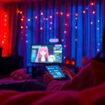 Engaging chat scene with NSFW character AI displayed on a tablet, warm lighting and cozy atmosphere.