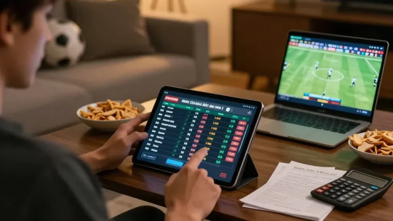 Intensely analyzing kèo nhà cái hôm nay bets on a tablet in a cozy living room filled with sports memorabilia