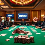 High-stakes poker players engaged in intense action at RR99 casino.