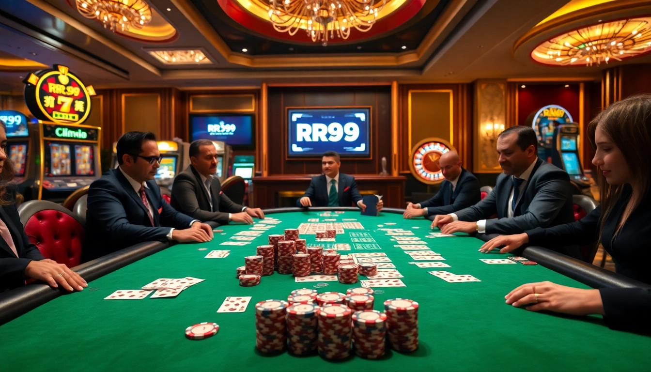High-stakes poker players engaged in intense action at RR99 casino.