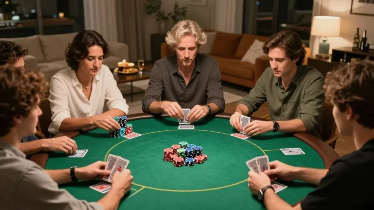 S8 players engaging in a friendly home poker game with vibrant chips and cards on the table.