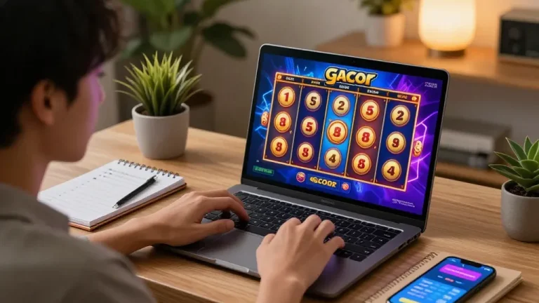 Person engaging in exciting slot gacor gameplay on laptop screen in cozy home office.