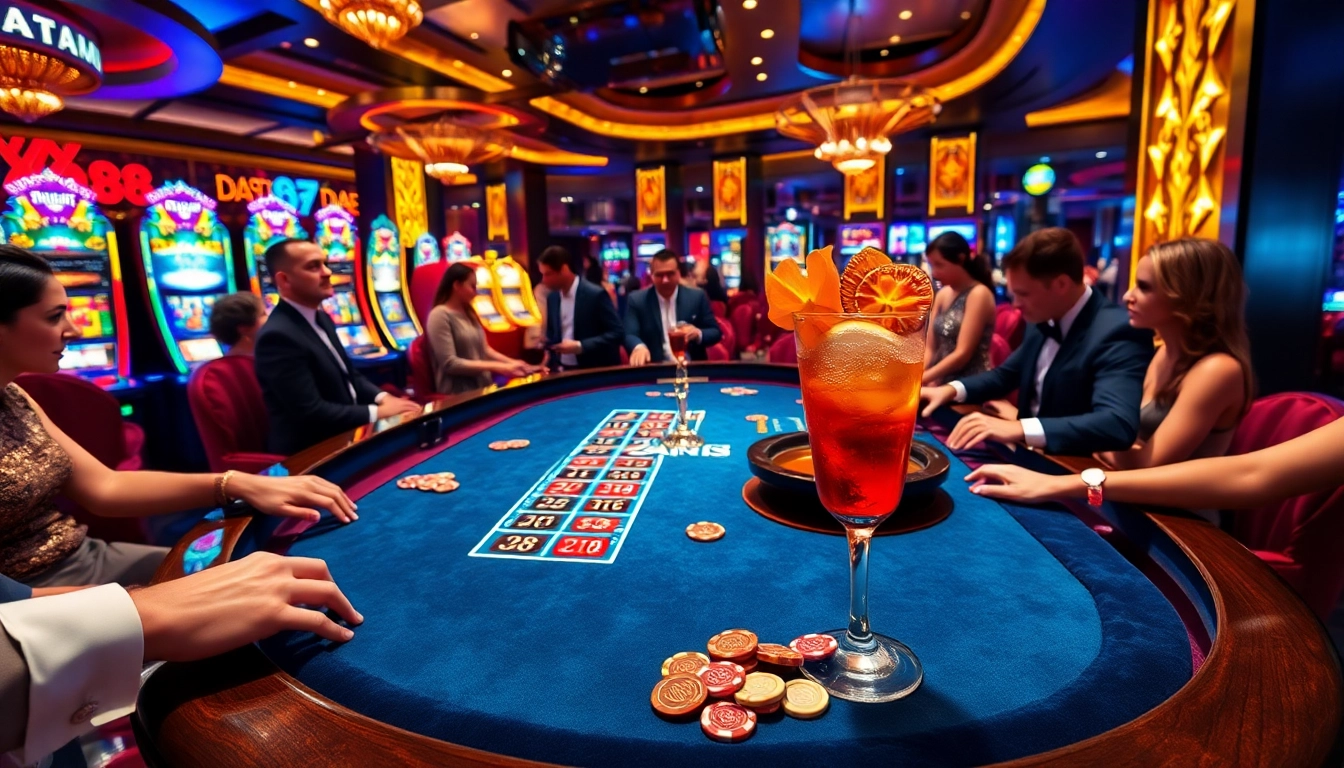 Experience thrilling gameplay at XX88's luxurious casino with vibrant roulette tables and elegant dealers.
