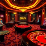 Exciting game action at the 88VV casino showcasing poker tables, slot machines, and vibrant roulette wheels.
