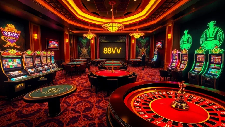 Exciting game action at the 88VV casino showcasing poker tables, slot machines, and vibrant roulette wheels.