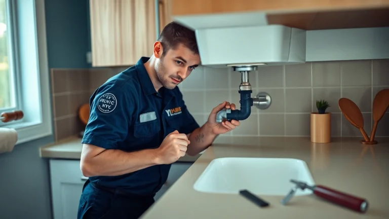 NYC emergency plumber & sewer fixing a burst pipe in a kitchen, showcasing professionalism and expertise.