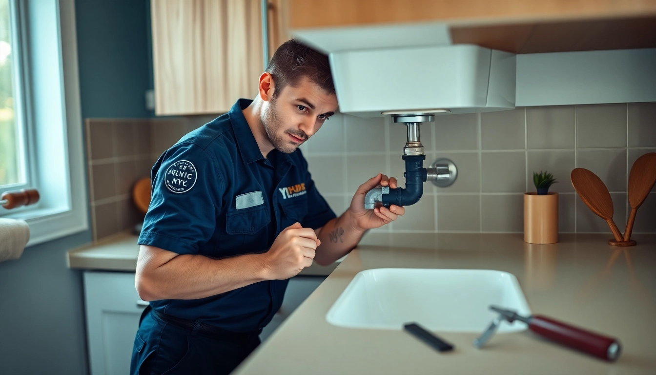 NYC emergency plumber & sewer fixing a burst pipe in a kitchen, showcasing professionalism and expertise.