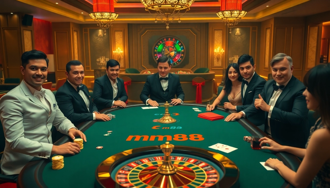 Experience the thrill of gambling at mm88 with an exciting poker table scene.