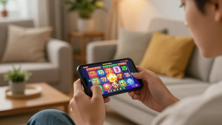 Engaging moment of user playing slot777 on smartphone with vibrant graphics displayed