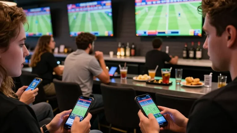 Engaging in kèo nhà cái with friends while placing sports bets on mobile devices in a vibrant lounge