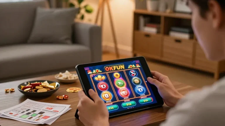 Player enjoying exciting OKFUN online slots on tablet in a cozy home setting.