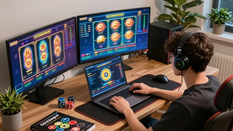 Engaging in gtatogel gameplay at a stylish online gaming setup with vibrant screen displays