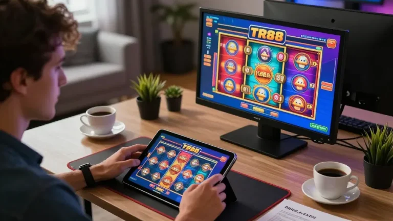 Player enjoying TR88 online slots on tablet in cozy home setting, showcasing vibrant gaming atmosphere