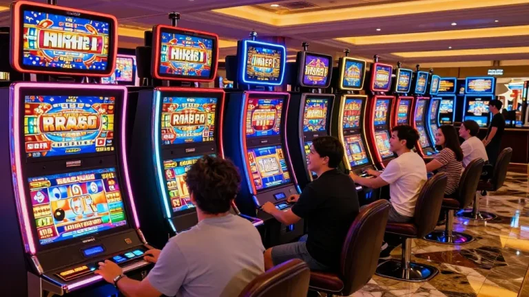 Players enjoying slot gacor games at illuminated casino machines, engaging in vibrant gameplay