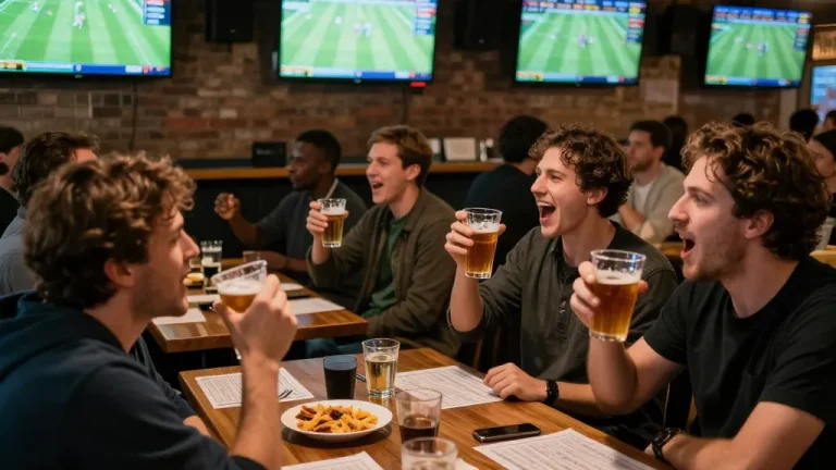 Tỷ lệ cá cược bóng đá hôm nay, sports bettors analyzing live football odds in a bustling sports bar atmosphere