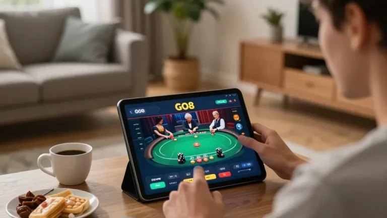 Engaging gameplay experience within the GO8 casino app, showcasing dynamic poker action on a tablet
