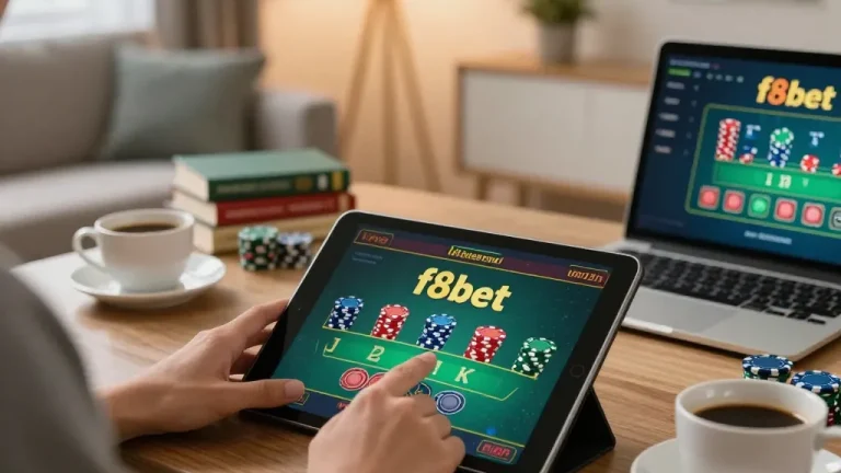 Player placing bets on f8bet during a live blackjack game in a cozy home setting