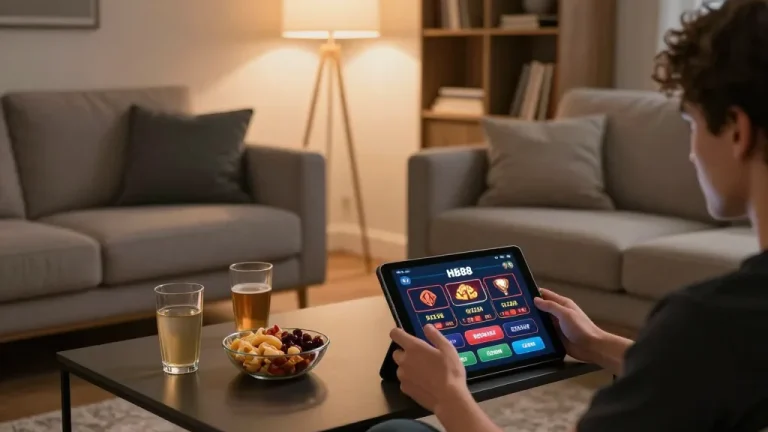 Player using HB88 casino app on a tablet in cozy living room with snacks and warm lighting.