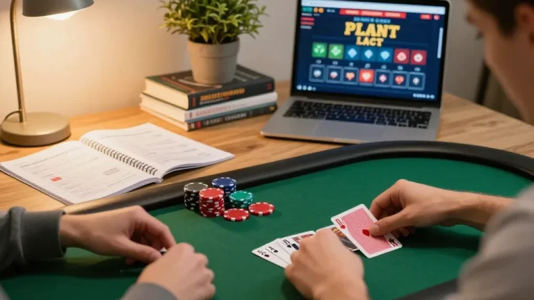 Player engaging in strategic online poker gameplay on 388bet tablet, showcasing cards and notes in cozy setting.