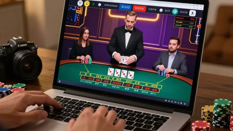 Engaged players at their laptops enjoying live baccarat on tr88it casino platform.