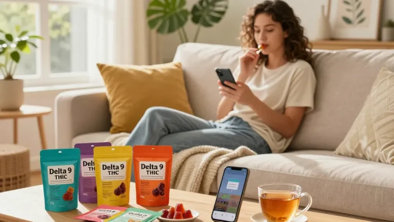 Individual enjoying Delta 9 THC gummies in a sunlit living room, promoting relaxation and wellness.