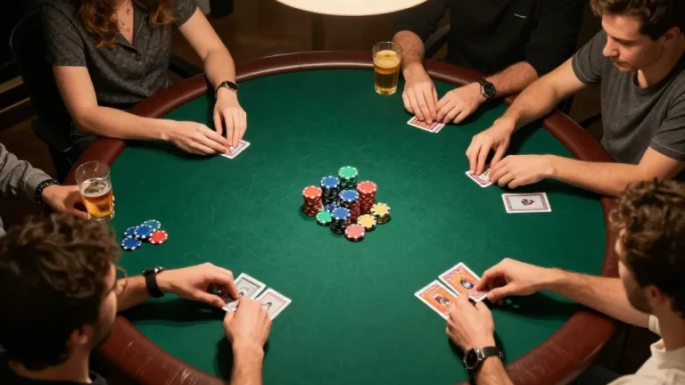 Engaging friends in a poker game at home, showcasing 789bet-themed poker chips and cards for an authentic gaming experience.