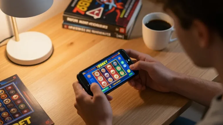 Engaged player using nhà cái 789bet app on smartphone in cozy home office.