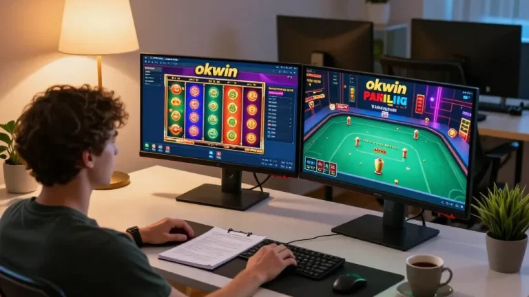 Engaging in online gaming at home with okwin interface on dual screens, showcasing strategic gameplay