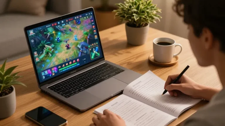 Player enjoying an online gtatogel session with strategy notes in a cozy home environment.