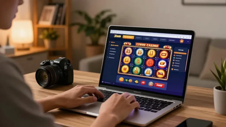 Player engaging with 32win online casino on laptop, enjoying a cozy gaming experience at home.