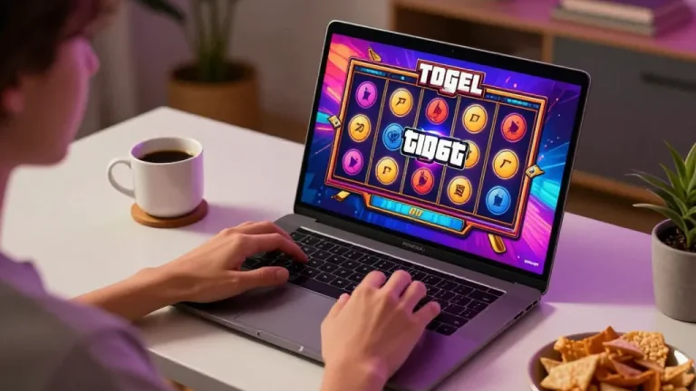 Engaging home gaming scene of a player enjoying Gta Togel slot game on laptop for a relaxed online experience