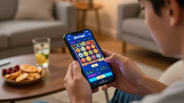 Player spins reels in gtatogel mobile app, enjoying online slot gaming experience at home.
