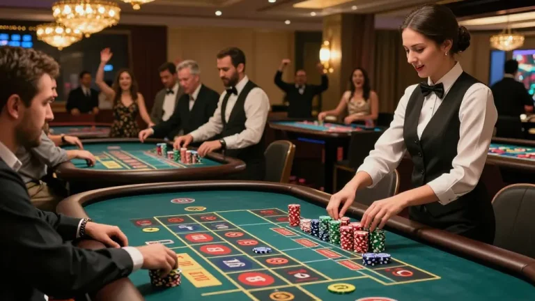 Engaging roulette gameplay scene showcasing keonhacai action with players placing bets and croupiers managing games