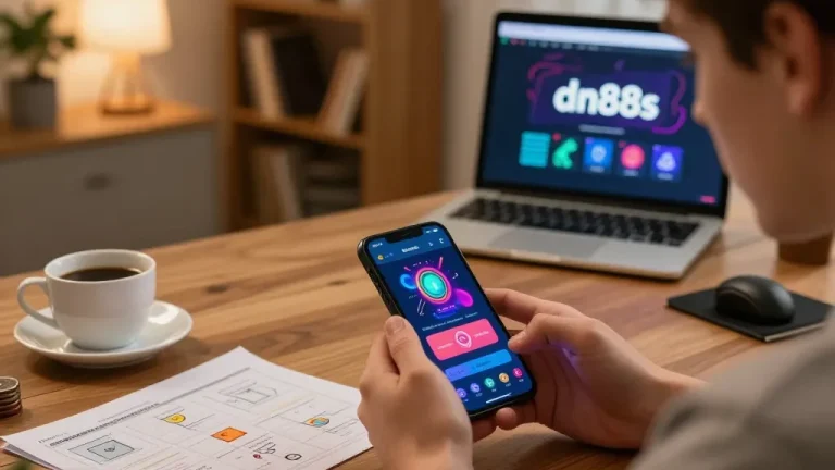 Engaging with dn88s app on smartphone, showcasing a dynamic online gambling experience in a cozy home office.