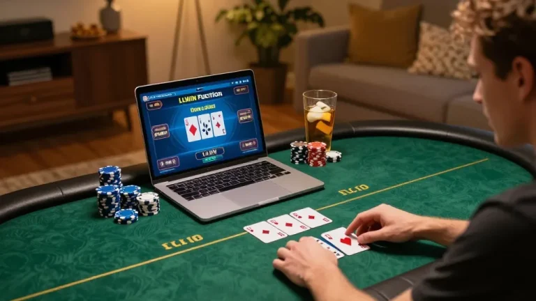 Engaged player utilizing LLWIN Function for strategic gameplay at an online poker table