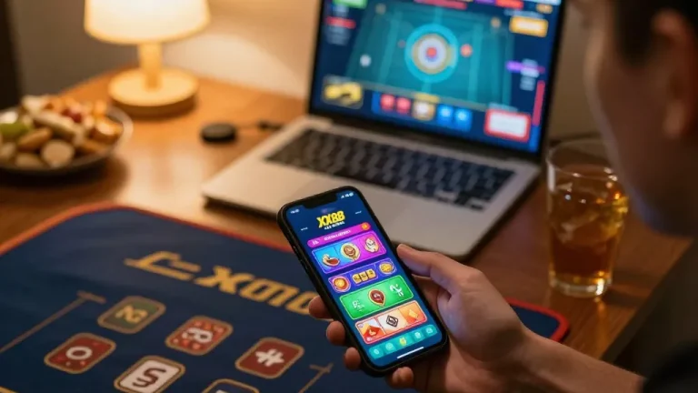 Playing games on XX88 Asia app through smartphone in a cozy home setting