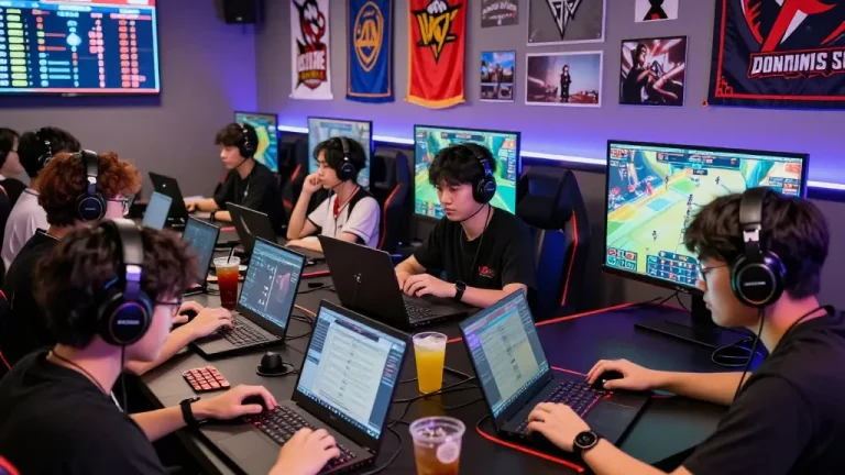 Esports betting Singapore scene with gamers focused on live matches and odds in a vibrant lounge.