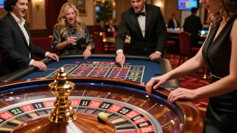 go8 roulette action with players placing bets and ball spinning in an upscale casino setting