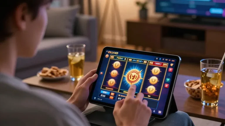 Engaging online gaming moment on OLI4D tablet with vivid slot game display from a cozy living room.