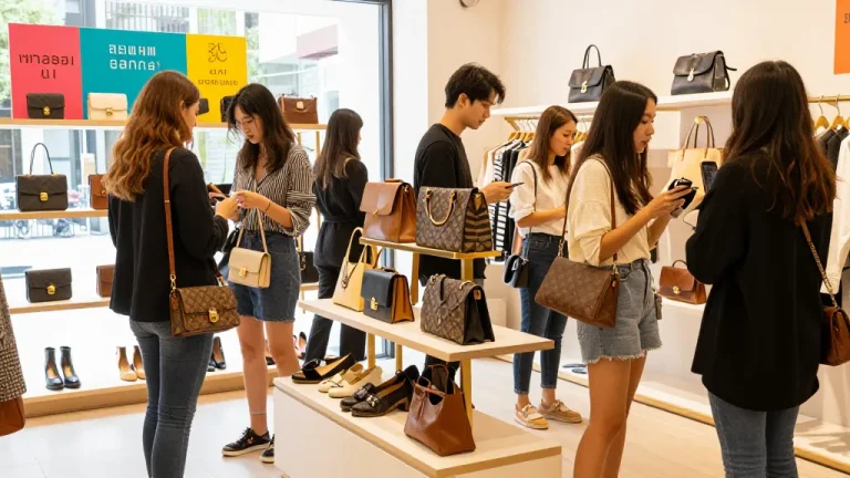 Shopping experience at a 레플리카 쇼핑몰 with stylish displayed items and vibrant atmosphere