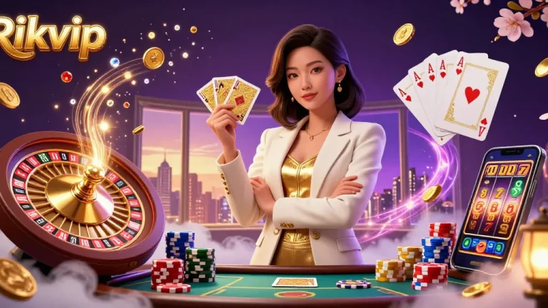 Experience the excitement of Rikvip with a glamorous Asian dealer at a lively casino scene.