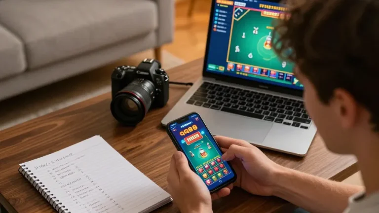Player navigating the qq88 casino app in a cozy home setting while strategizing betting