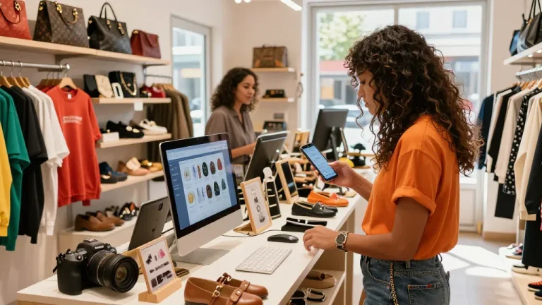 Shopper examining quality 레플리카 사이트 products in stylish retail space.