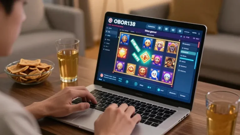 Player engaging with situs gacor slot games on a laptop, highlighting thrilling online betting.